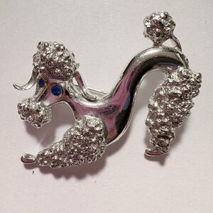 Vintage Silver tone signed Poodle Brooch with Blue Accents